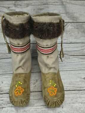 Handmade Native American Beaded Mukluks Moccasin With Real Fur